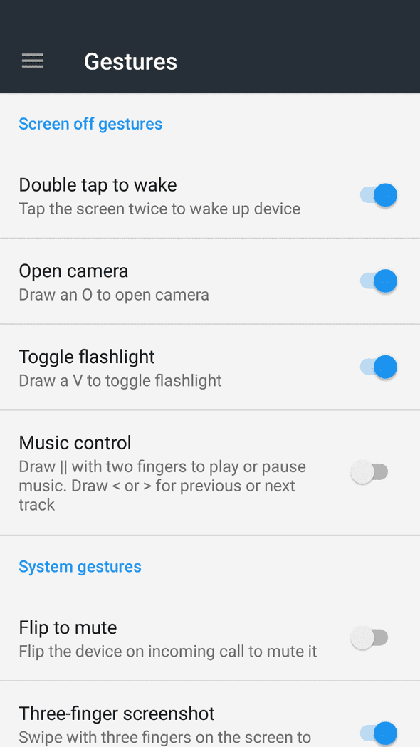 OnePlus gestures section